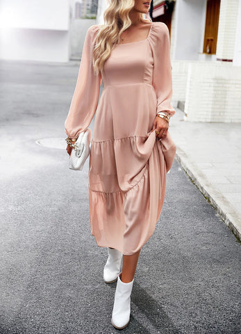SOLID COLOR SQUARE COLLAR LONG SLEEVE DRESS
