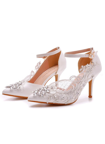 THIN-HEELED POINTED WHITE LACE DIAMOND WEDDING SHOES