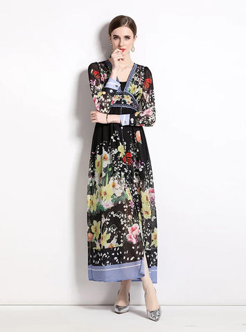 SUMMER V-NECK CHIFFON PRINTED LONG DRESS