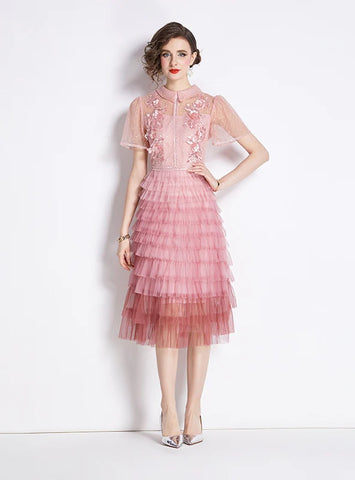 EMBROIDERED HIGH WAIST SLIM LACE DRESS