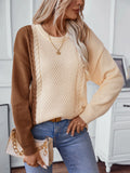 Contrast Round Neck Twisted Long Sleeve Sweater