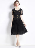SHORT-SLEEVED SLIM WAIST PLEATED DRESS
