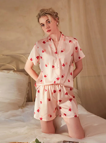 FASHION HEART PRINT ICE SILK PAJAMAS SUIT