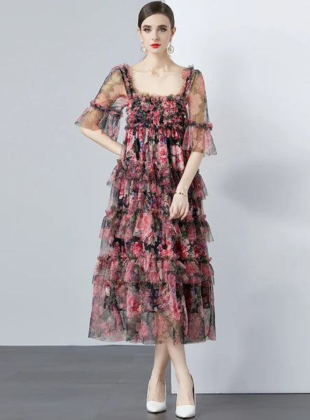 HEAVY-DUTY GAUZE PRINTED LONG DRESS
