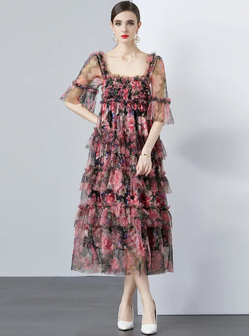 HEAVY-DUTY GAUZE PRINTED LONG DRESS