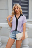 V-NECK CONTRAST SHORT SLEEVE LOOSE T-SHIRT
