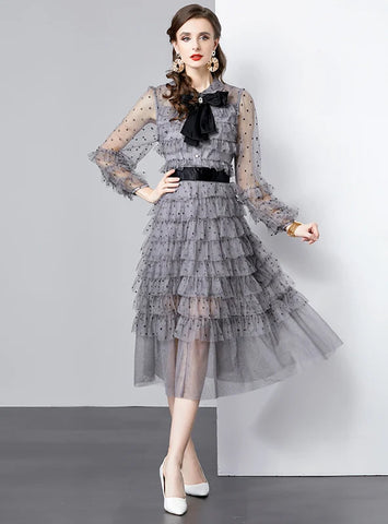 BIG BOW GAUZE POLKA-DOT LONG SLEEVE DRESS