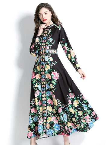 LONG SLEEVE LANTERN SLEEVE LONG PRINTED DRESS