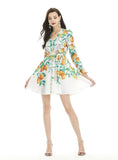 LOTUS LEAF SLEEVE V-NECK PRINT LONG SLEEVE DRESS