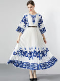 PLEATED BLUE AND WHITE PORCELAIN LOOSE DRESS
