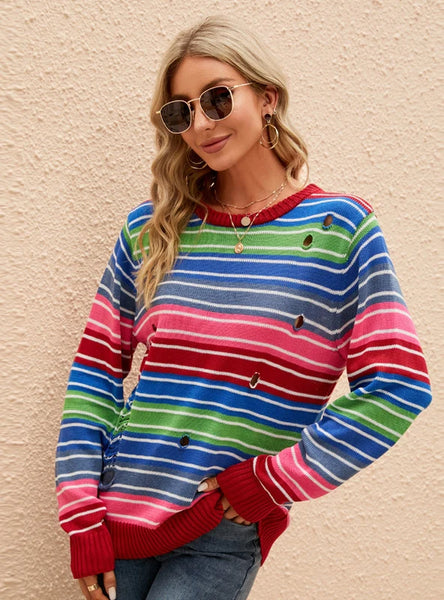 STYLISH LONG-SLEEVED ROUND NECK STRIPED HOLES SWEATER