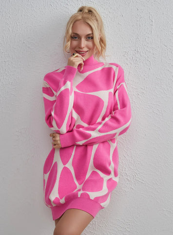 STYLISH CONTRAST LONG SLEEVE KNITTED SWEATER DRESS