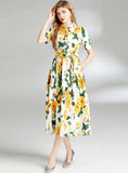 LAPEL SLIM WAIST PRINTED MEDIUM AND LONG DRESS