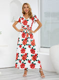 SHORT-SLEEVED V-NECK ROSE PRINT DRESS