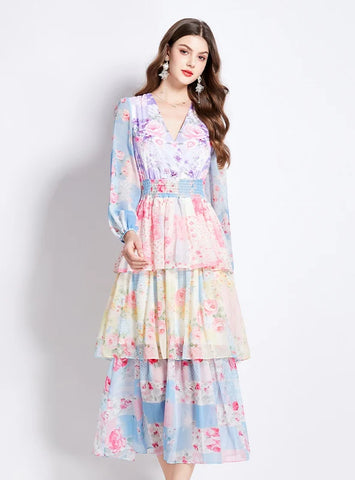 VINTAGE V-NECK RUFFLED CAKE DRESS