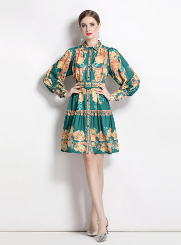 VINTAGE PRINTED LANTERN SLEEVE V-NECK DRESS