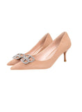 SUEDE POINTED RHINESTONE METAL BUCKLE HIGH HEELS