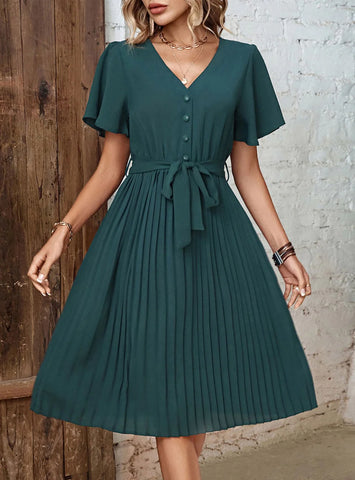 PLEATED V-NECK SHORT SLEEVE DRESS