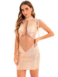 SEXY PERSPECTIVE MESH STITCHING SEQUINED DRESS