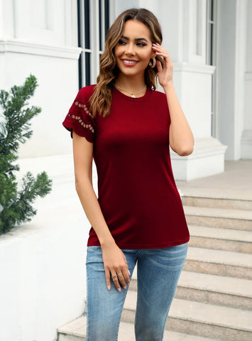 SPLICED LACE ROUND NECK T-SHIRT