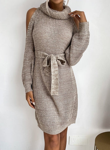 FASHION OPENWORK TURTLE NECK SWEATER DRESS
