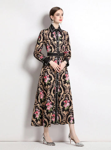 LONG-SLEEVED PALACE STYLE PRINTED RETRO PRINT DRESS