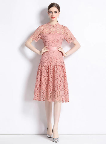 RETRO SHORT SLEEVE ROUND NECK LACE DRESS