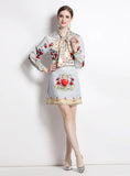PRINTED BOW TIE SHIRT+HIGH WAIST SKIRT SUIT