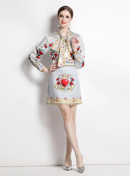 PRINTED BOW TIE SHIRT+HIGH WAIST SKIRT SUIT