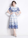 SLIM AND HOLLOW LACE PRINT MEDIUM LENGTH DRESS