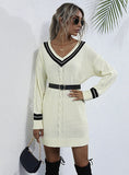 STYLISH TWIST V-NECK COLLEGE WIND KNITTED SWEATER DRESS