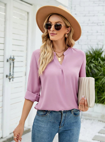 SOLID COLOR CHIFFON LOOSE V-NECK LONG SLEEVE SHIRT