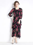 RETRO PRINTED CHIFFON SLIM RUFFLED DRESS