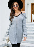 CASUAL LACE STITCHING PULLOVER V-NECK SWEATER