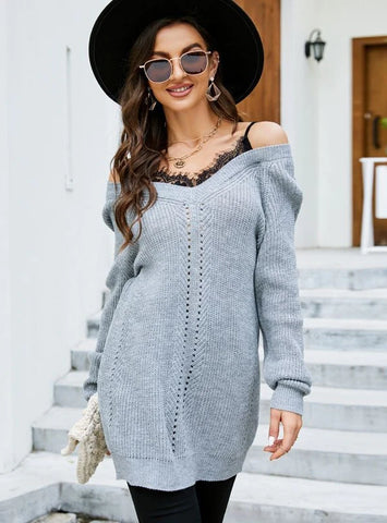 CASUAL LACE STITCHING PULLOVER V-NECK SWEATER