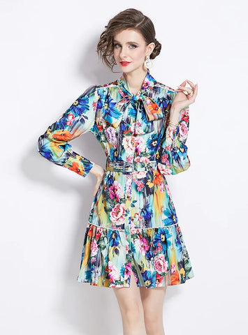 RETRO PRINTED SLIM LONG-SLEEVED DRESS