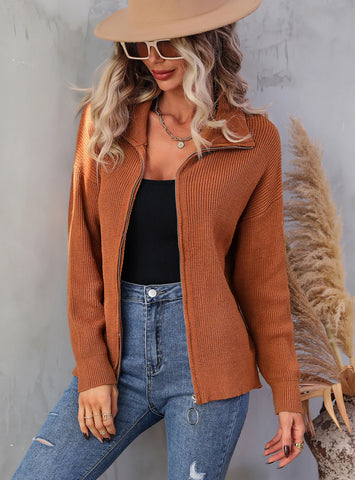 CLASSY HIGH NECK SOLID COLOR ZIPPER SWEATER COAT