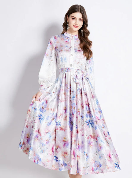 SATIN VINTAGE LANTERN SLEEVE PRINTED DRESS
