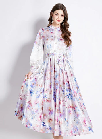 SATIN VINTAGE LANTERN SLEEVE PRINTED DRESS