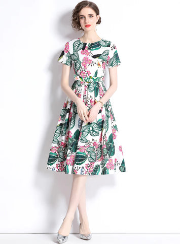 PRINTED ROUND NECK RETRO SHORT-SLEEVED DRESS