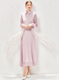 LAPEL LANTERN SLEEVE GAUZE STITCHING DRESS