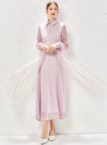 LAPEL LANTERN SLEEVE GAUZE STITCHING DRESS