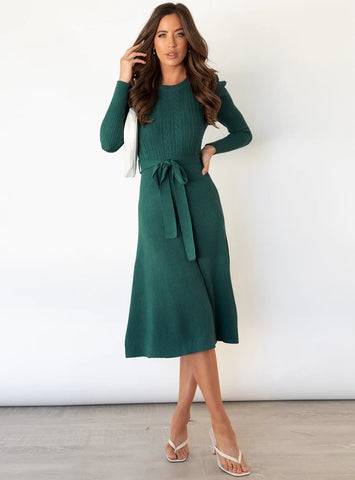 CLASSY BUBBLE LONG SLEEVE KNITTED SWING LONG DRESS