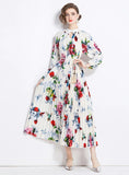 PRINTED LANTERN SLEEVE PLEATED TASSEL BELT DRESS