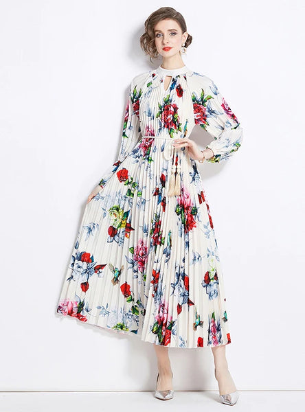 PRINTED LANTERN SLEEVE PLEATED TASSEL BELT DRESS