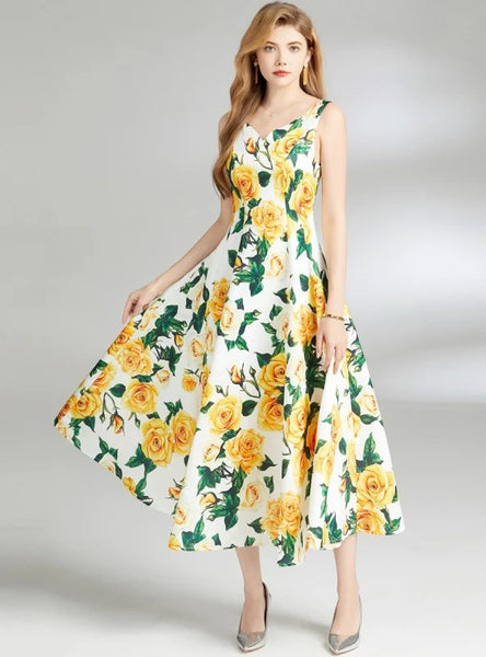 V-NECK BACKLESS SLEEVELESS PRINT DRESS