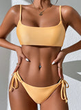 SOLID COLOR LACE-UP SPLIT SWIMSUIT
