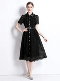 LAPEL CROCHETED OPENWORK LACE DRESS