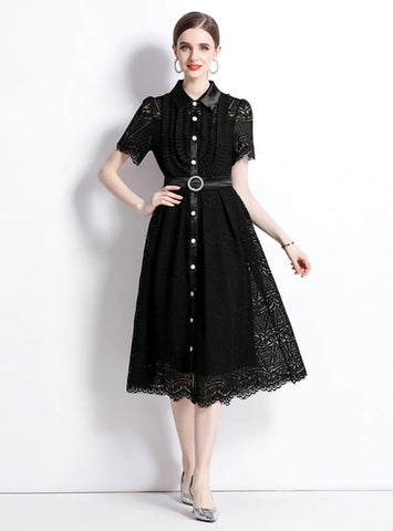 LAPEL CROCHETED OPENWORK LACE DRESS