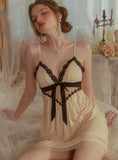 FASHION V-NECK GAUZE STITCHING LACE PERSPECTIVE NIGHTGOWN